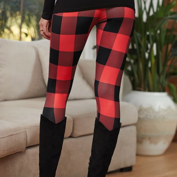 Black Red Buffalo Check Plaid Leggings - Picture 1 of 11